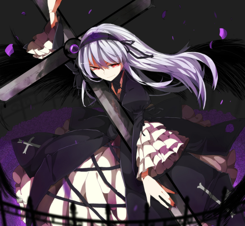 bad_id bad_pixiv_id cross doll_joints dress flower frills gothic_lolita hairband lolita_fashion long_hair long_sleeves puffy_sleeves red_eyes rose rozen_maiden silver_hair solo suigintou wings