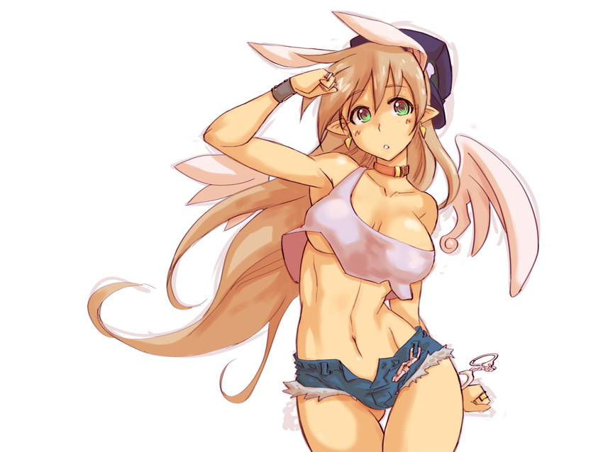 :o animal_ears armpits blue_shorts breasts brown_hair bunny_ears choker cleavage crop_top crop_top_overhang cuffs cutoffs denim denim_shorts extra_ears final_fight green_eyes handcuffs large_breasts long_hair midriff navel no_bra noname_(nowhere) open_fly original pointy_ears poison_(final_fight) rumi_(netyhobby) short_shorts shorts simple_background solo tank_top thigh_gap underboob unzipped very_long_hair white_background wings