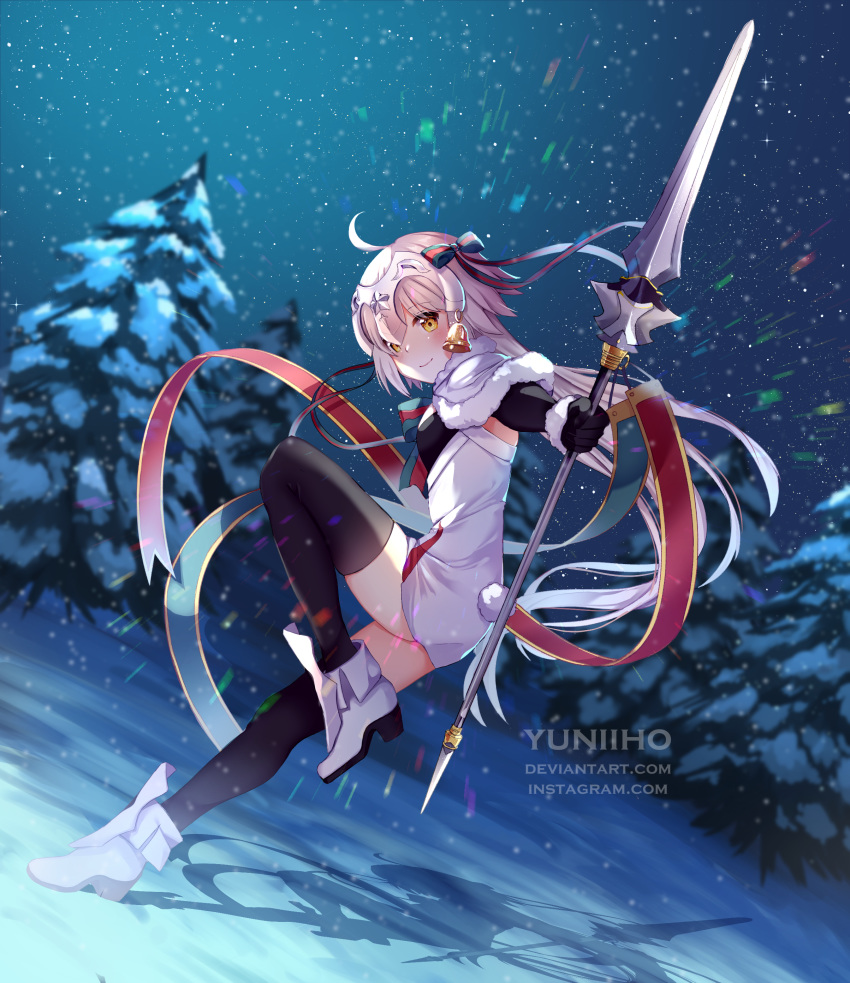 1girl absurdres ahoge artist_name bell black_gloves black_legwear bow capelet elbow_gloves eyebrows_visible_through_hair fate/grand_order fate_(series) floating_hair full_body fur-trimmed_capelet fur_trim gloves hair_bow headpiece highres holding holding_spear holding_weapon jeanne_d'arc_(fate)_(all) jeanne_d'arc_alter_santa_lily leg_up long_hair outdoors polearm silver_hair sky snowing solo spear star_(sky) starry_sky striped striped_bow thighhighs very_long_hair watermark weapon web_address white_capelet wrist_cuffs yellow_eyes yuniiho zettai_ryouiki