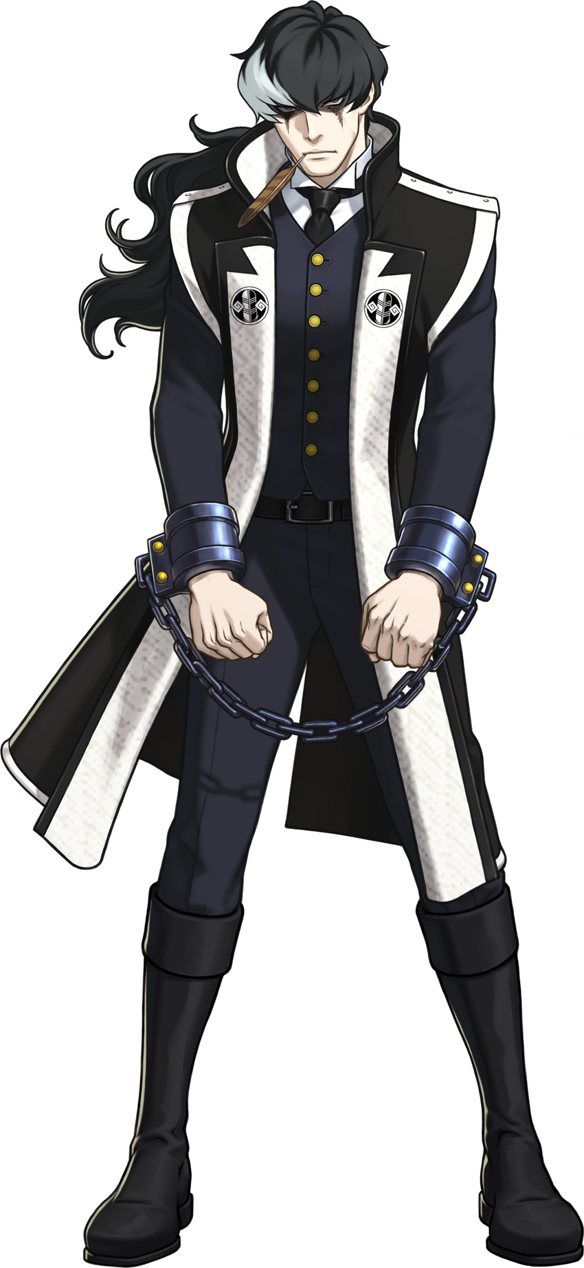 absurdres belt black_hair black_pants boots clenched_hands cuffs feathers full_body fuse_takuro grey_eyes gyakuten_saiban gyakuten_saiban_5 hair_between_eyes handcuffs highres jacket knee_boots looking_at_viewer male_focus multicolored_hair necktie official_art pants ponytail shaded_face solo transparent_background two-tone_hair wavy_hair white_hair yuugami_jin