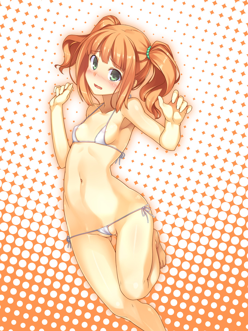 absurdres areolae armpits bare_legs bare_shoulders barefoot bikini blush breasts collarbone green_eyes highres idolmaster idolmaster_(classic) micro_bikini navel open_mouth orange_hair racer_(magnet) short_hair small_breasts solo swimsuit takatsuki_yayoi twintails