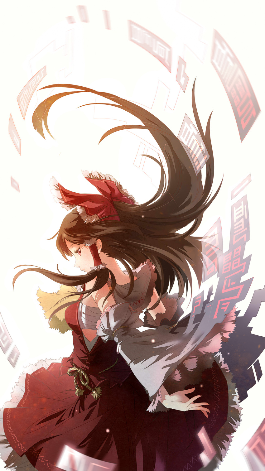 absurdres bow brown_hair detached_sleeves from_behind hair_bow hakurei_reimu highres igneous25 long_hair looking_back ofuda red_eyes sarashi solo touhou very_long_hair