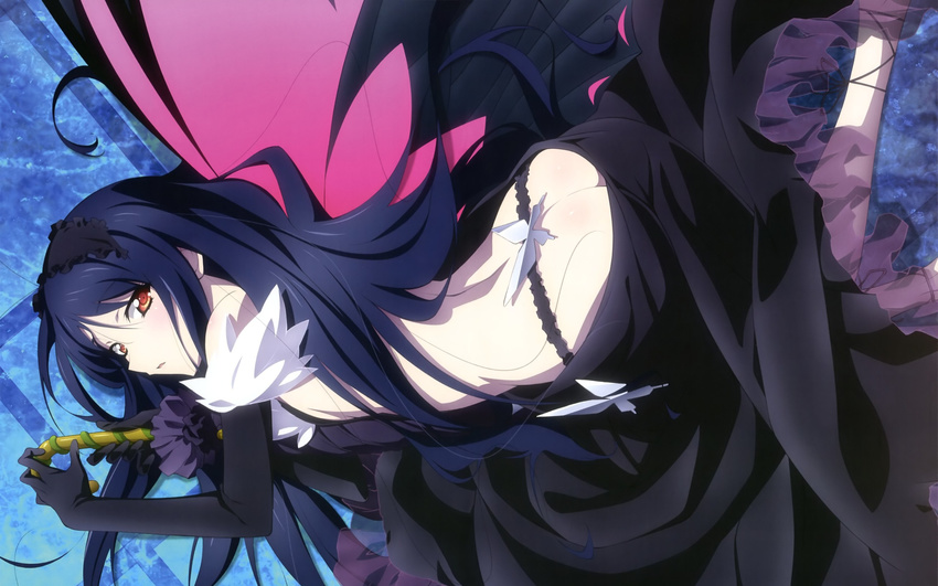 1girl absurdres accel_world ass black_dress black_gloves black_hair blush brown_eyes butterfly_wings cane dress elbow_gloves female gloves hairband highres kuroyukihime long_hair looking_at_viewer lying nyantype on_side parted_lips scan solo tabata_hisayuki wallpaper wings