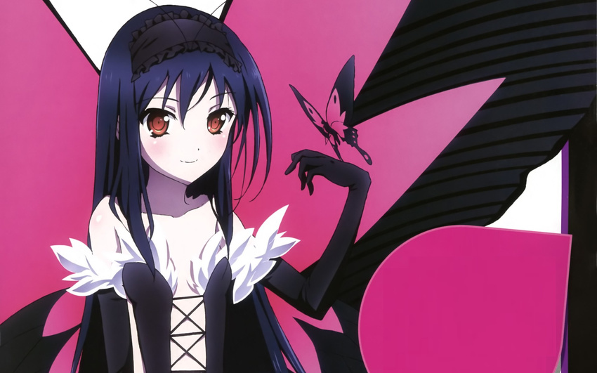 1girl accel_world antenna_hair artist_request bare_shoulders black_gloves black_hair blush brown_eyes bust butterfly butterfly_wings cropped dress elbow_gloves gloves hairband highres kuroyukihime long_hair looking_at_viewer midriff official_art scan smile solo upper_body wallpaper wings