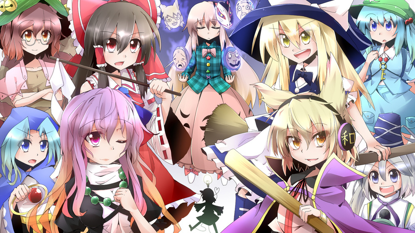 animal_ears aqua_hair ascot backpack bag bell black_hair blonde_hair blue_eyes blue_hair bow brown_eyes brown_hair capelet circle closed_eyes crossed_arms detached_sleeves earmuffs everyone futatsuiwa_mamizou glasses gohei hair_bobbles hair_bow hair_ornament hair_tubes hat hata_no_kokoro heart heart_of_string hijiri_byakuren hiro_(pqtks113) hood hopeless_masquerade japanese_clothes jewelry jingle_bell kariginu kawashiro_nitori kesa key kirisame_marisa komeiji_koishi kumoi_ichirin light_bulb long_hair mask mononobe_no_futo multicolored_hair multiple_girls new_mask_of_hope one_eye_closed open_mouth pendant pink_hair purple_hair raccoon_ears raccoon_tail red_eyes ring ritual_baton short_hair silhouette silver_hair skirt smile star tail tate_eboshi touhou toyosatomimi_no_miko triangle two_side_up yellow_eyes