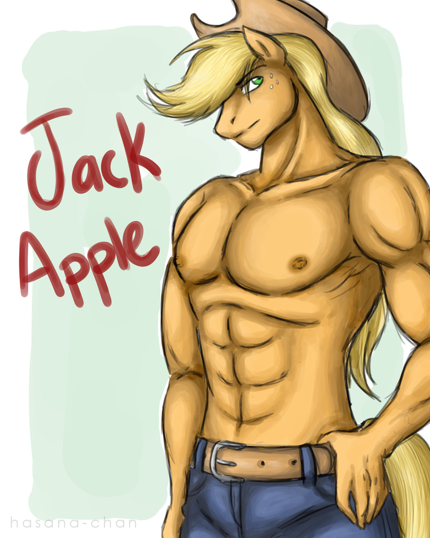 abs anthro anthrofied applejack_(mlp) belt biceps blonde_hair brown_fur clothing cowboy_hat crossgender equine freckles friendship_is_magic fur green_eyes hair hasana-chan hat horse jeans looking_at_viewer male mammal muscles my_little_pony nipples pants pecs pony pose solo standing tan_fur toned topless