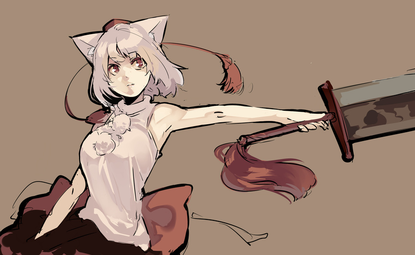 animal_ears armpits bare_arms bare_shoulders breasts hat highres inubashiri_momiji large_breasts muneneko pom_pom_(clothes) red_eyes short_hair silver_hair simple_background sleeveless solo sword tokin_hat touhou weapon white_hair wolf_ears