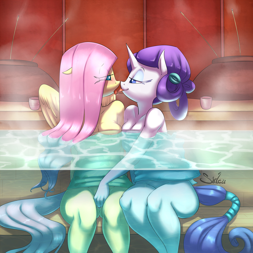 anthro anthrofied blue_eyes blush breasts cleavage clothed clothing cup duo equine female fingering fluttershy_(mlp) friendship_is_magic fur hair horn horse in_water incense inside kissing lesbian long_hair mammal my_little_pony pegasus pink_hair pony purple_hair pussy rarity_(mlp) saliva siden smoke teal_eyes tongue tongue_out towel unicorn vaginal vaginal_fingering water white_fur wings yellow_fur