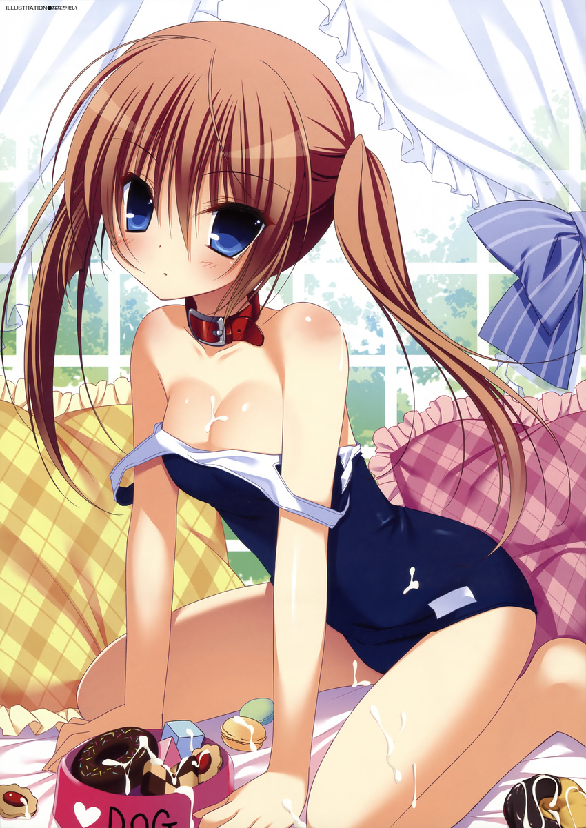 :o absurdres bare_shoulders bed blue_eyes blush bowl breasts brown_hair checkerboard_cookie cleavage collar cookie cream doughnut english eyebrows_visible_through_hair food frilled_pillow frills heart highres indoors jam_cookie looking_at_viewer macaron medium_breasts nanaka_mai off_shoulder one-piece_swimsuit original parted_lips pet_bowl pillow school_swimsuit short_twintails sitting spread_legs sprinkles strap_slip suggestive_fluid swimsuit swimsuit_pull thumbprint_cookie twintails window