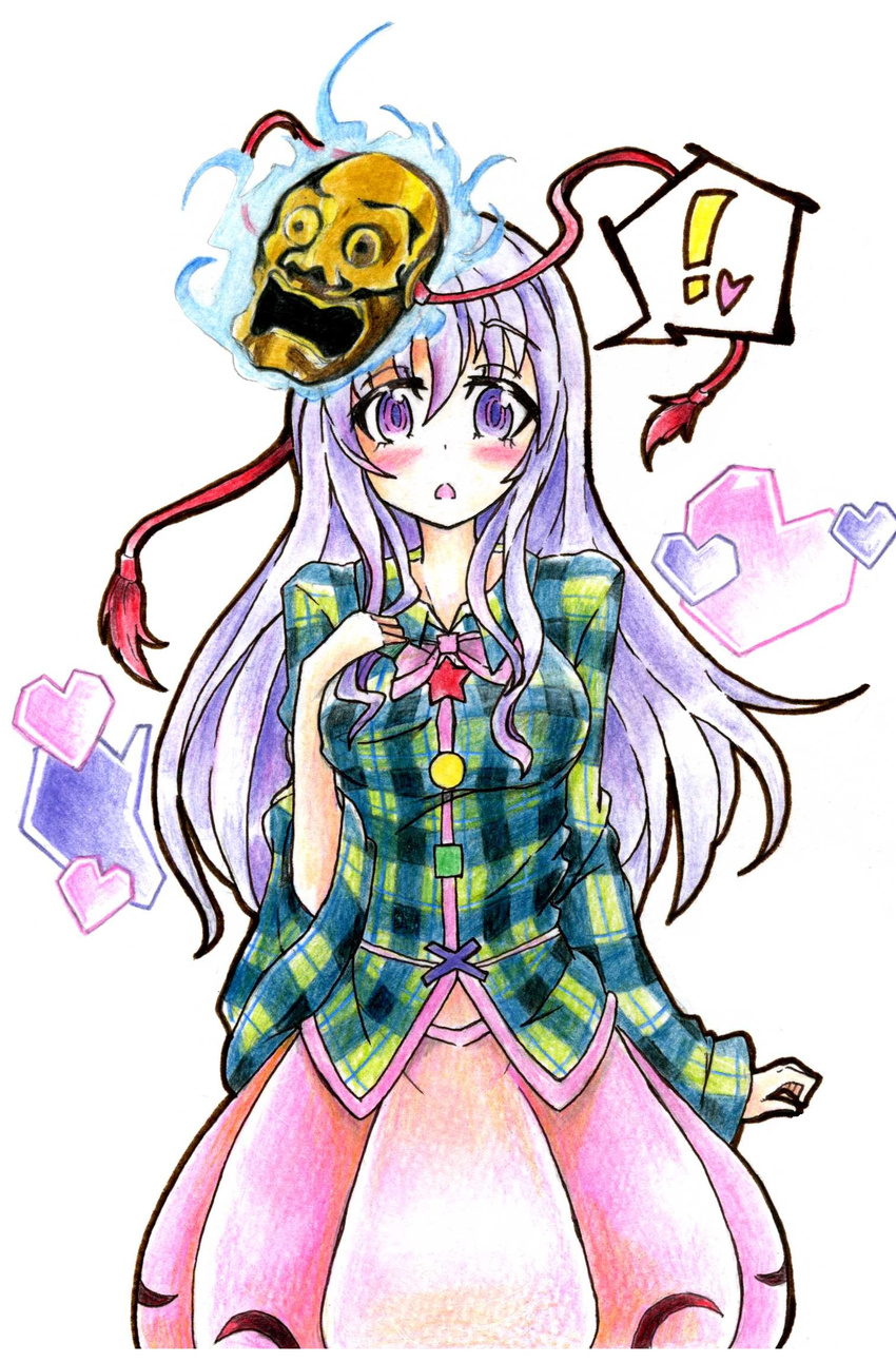1girl blush bow breast_suppress breasts bubble_skirt colored_pencil_(medium) gokuu_(acoloredpencil) hand_on_own_chest hata_no_kokoro heart highres large_breasts long_hair looking_at_viewer mask open_mouth plaid plaid_shirt purple_eyes purple_hair shirt skirt solo spoken_exclamation_mark spoken_heart touhou traditional_media white_background wide_sleeves