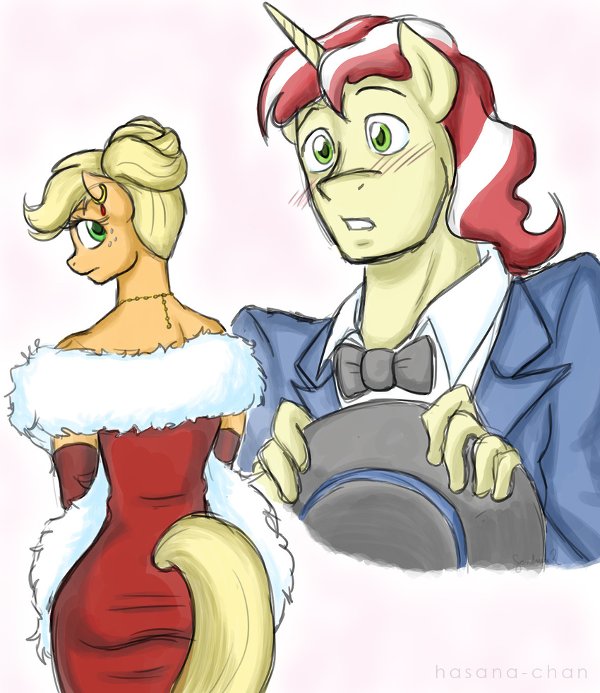 anthrofied applejack_(mlp) blonde_hair blush bow_tie dress elbow_gloves equine female flim_(mlp) freckles friendship_is_magic gloves gold green_eyes hair hair_bun hasana-chan hat horn horse jewelry male mammal my_little_pony necklace piercing pony red_dress red_hair stole tuxedo two_tone_hair unicorn white_hair