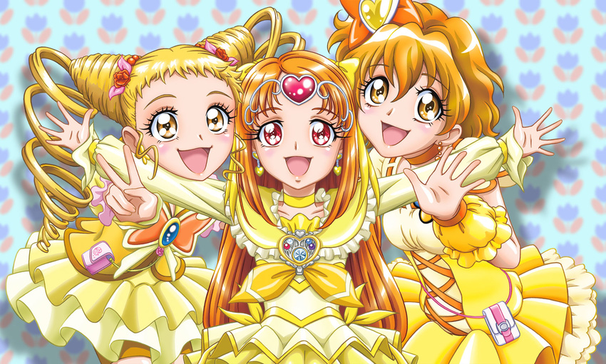 :d blonde_hair blue_background bow brooch brown_eyes choker circlet color_connection cure_lemonade cure_muse_(yellow) cure_pine double_bun drill_hair eyelashes fresh_precure! frills hair_bow happy heart jewelry kasugano_urara_(yes!_precure_5) long_hair magical_girl momoiro_koume multiple_girls open_mouth orange_choker orange_hair outstretched_arms precure red_eyes shirabe_ako short_hair skirt smile spread_arms suite_precure twin_drills twintails v wrist_cuffs yamabuki_inori yellow_bow yellow_choker yellow_eyes yes!_precure_5