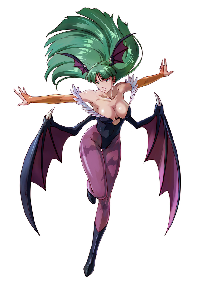 absurdres animal_print anime_coloring armpits artist_request bare_shoulders bat_print bat_wings boots breasts bridal_gauntlets cleavage demon_girl elbow_gloves floating_hair full_body gloves green_eyes green_hair head_wings highres large_breasts legs leotard long_hair long_legs morrigan_aensland official_art outstretched_arms pantyhose print_legwear project_x_zone purple_legwear purple_wings simple_background solo spread_arms standing standing_on_one_leg succubus thigh_gap thighs vampire_(game) white_background wings