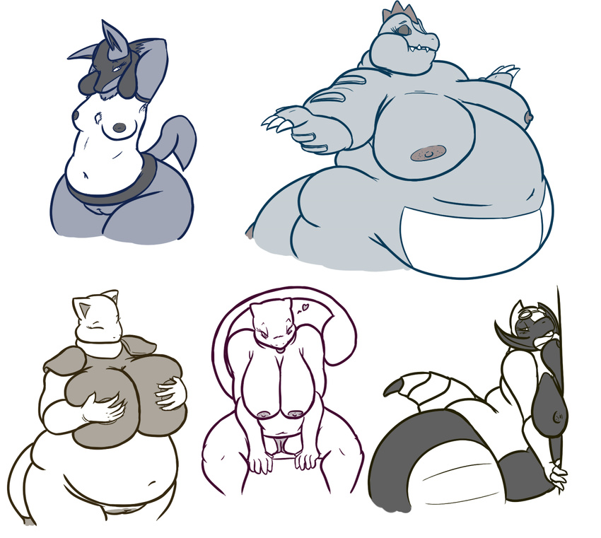 against_wall anthro big_breasts big_butt breast_grab breasts butt chubby eddy_okapi female feraligatr haxorus lucario mew mewtwo nintendo nipples nude overweight pok&#233;mon pok&#233;morph pok&eacute;mon pose pussy seductive thick_thighs video_games wide_hips