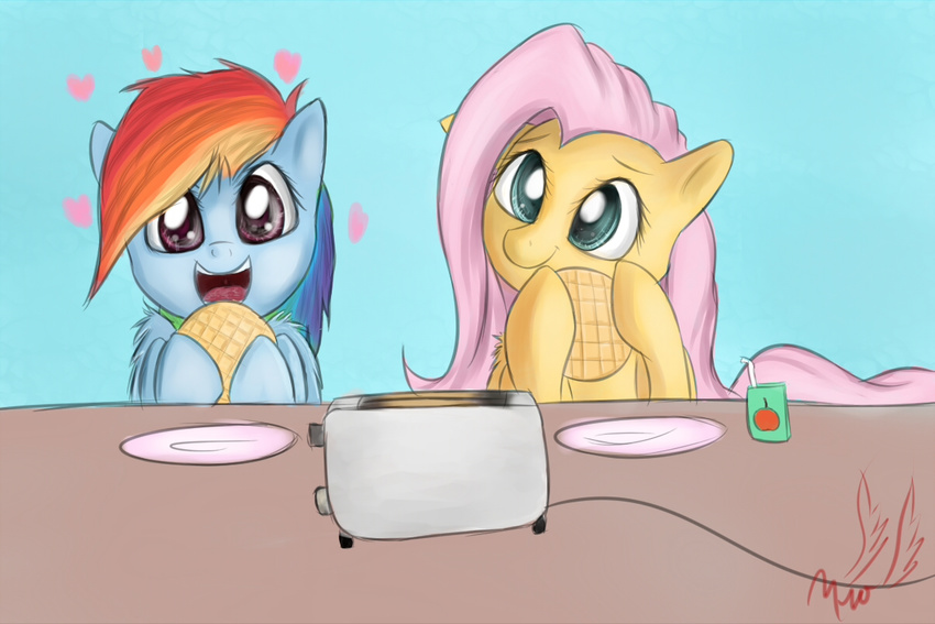 &lt;3 apple blue_background blue_eyes blue_fur duo eating equine female feral fluttershy_(mlp) friendship_is_magic fruit fur hair horse juice mammal miokomata multi-colored_hair my_little_pony open_mouth pegasus pink_hair plain_background plate pony purple_eyes rainbow_dash_(mlp) rainbow_hair straw toaster waffle wings yellow_fur