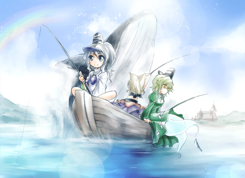 animal black_eyes blush boat brown_hair day dress fish fishing_hook fishing_rod ghost_tail green_dress green_eyes green_hair hat japanese_clothes kakao_(noise-111) kariginu lake long_hair long_sleeves mononobe_no_futo multiple_girls ponytail rainbow scarlet_devil_mansion short_hair silver_hair sitting smile soga_no_tojiko tate_eboshi touhou toyosatomimi_no_miko watercraft whale