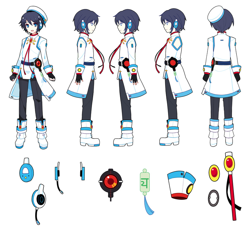 absurdres androgynous black_hair blue_eyes fingerless_gloves gloves hat headphones headset highres ideolo looking_at_viewer male_focus multiple_views official_art open_mouth pants short_hair simple_background turnaround vocaloid vocanese white_background zhiyu_moke