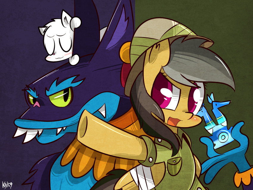 ahuizotl ahuizotl_(mlp) ambiguous_gender bandage black_hair blue_fur cat clothed clothing daring_do_(mlp) duo equine feline female feral friendship_is_magic fur hair hat kty159 male mammal my_little_pony open_mouth pegasus plain_background purple_eyes unknown_species white_fur wings yellow_eyes yellow_fur