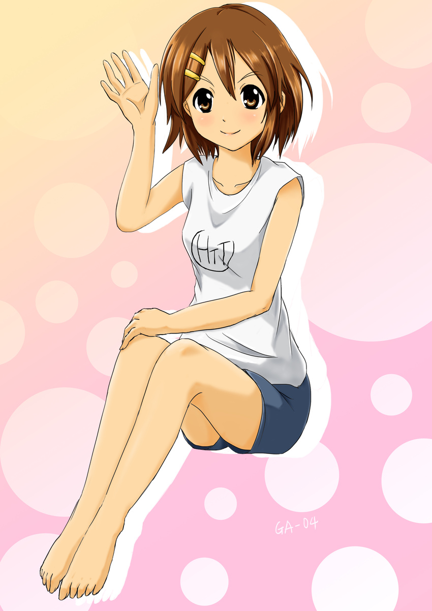 absurdres brown_eyes brown_hair casual ga-04 highres hirasawa_yui k-on! short_hair sitting waving