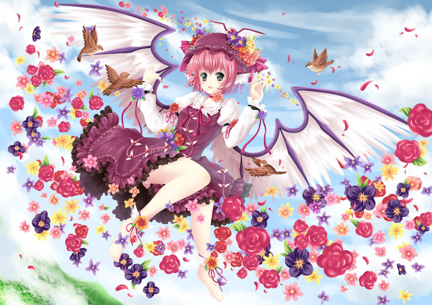 animal_ears barefoot bird cloud day dress dress_shirt eurasian_tree_sparrow fingernails flower flying hat long_fingernails long_sleeves mountain mystia_lorelei nail_polish open_mouth pink_hair red_eyes shirt short_hair sky smile sparrow touhou town villyane wings