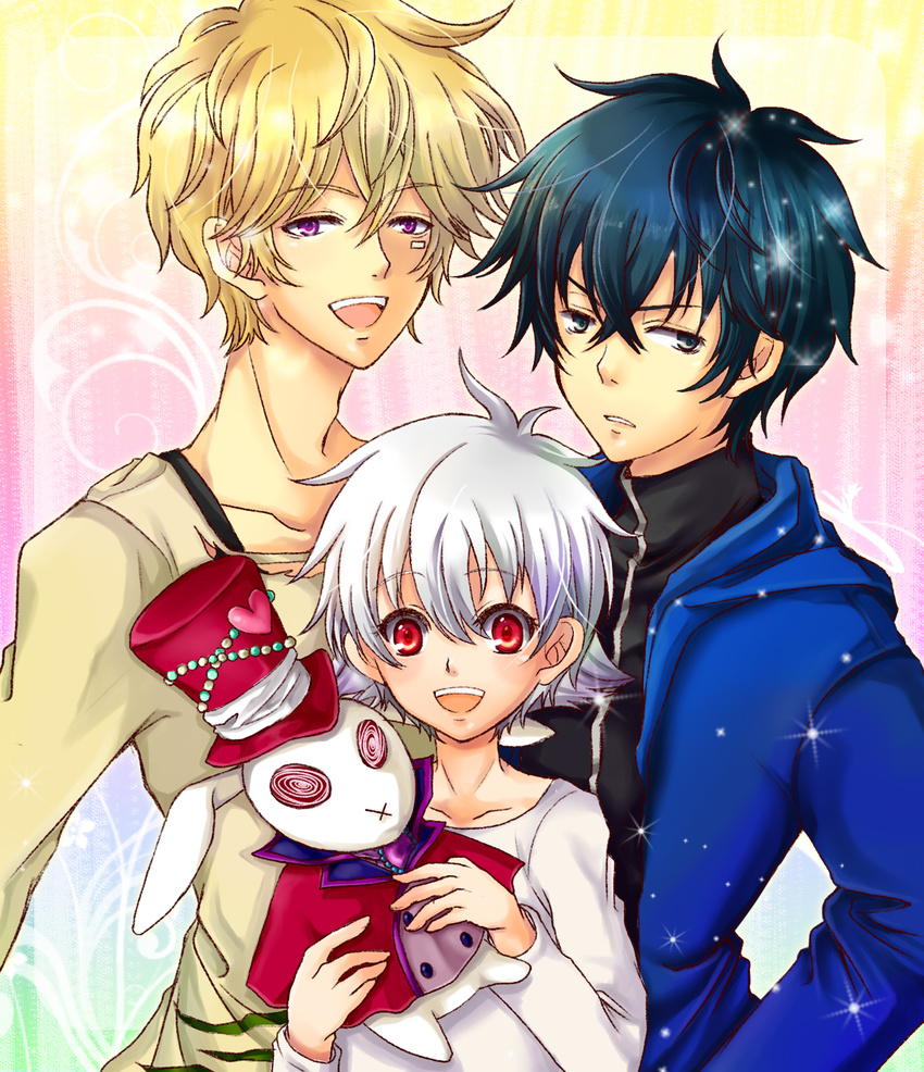 blonde_hair blue_eyes blue_hair gareki_(karneval) highlights highres karneval male_focus multicolored_hair multiple_boys myam nai_(karneval) open_mouth purple_eyes red_eyes smile white_hair yogi_(karneval)