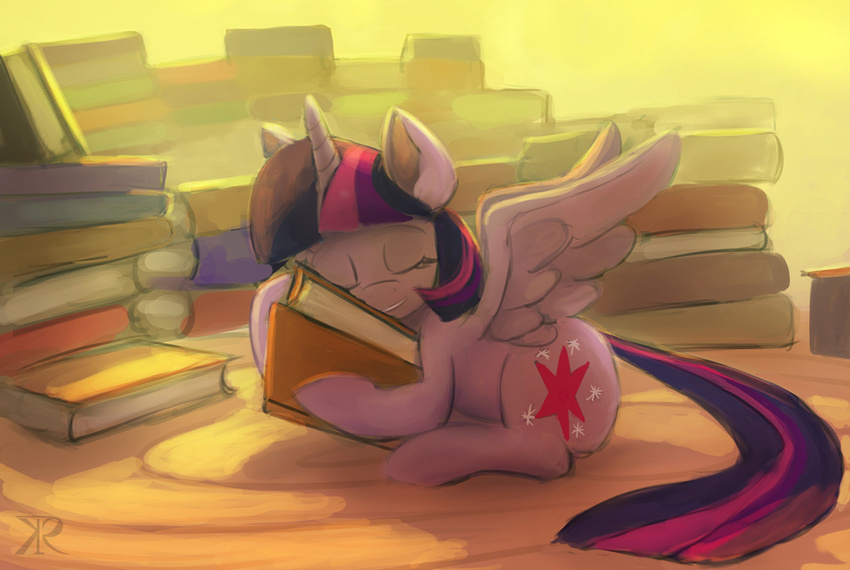 book cutie_mark equine eyes_closed female feral friendship_is_magic hair horn horse hug lying mammal multi-colored_hair my_little_pony pony purple_hair raikoh-illust solo twilight_sparkle_(mlp) winged_unicorn wings