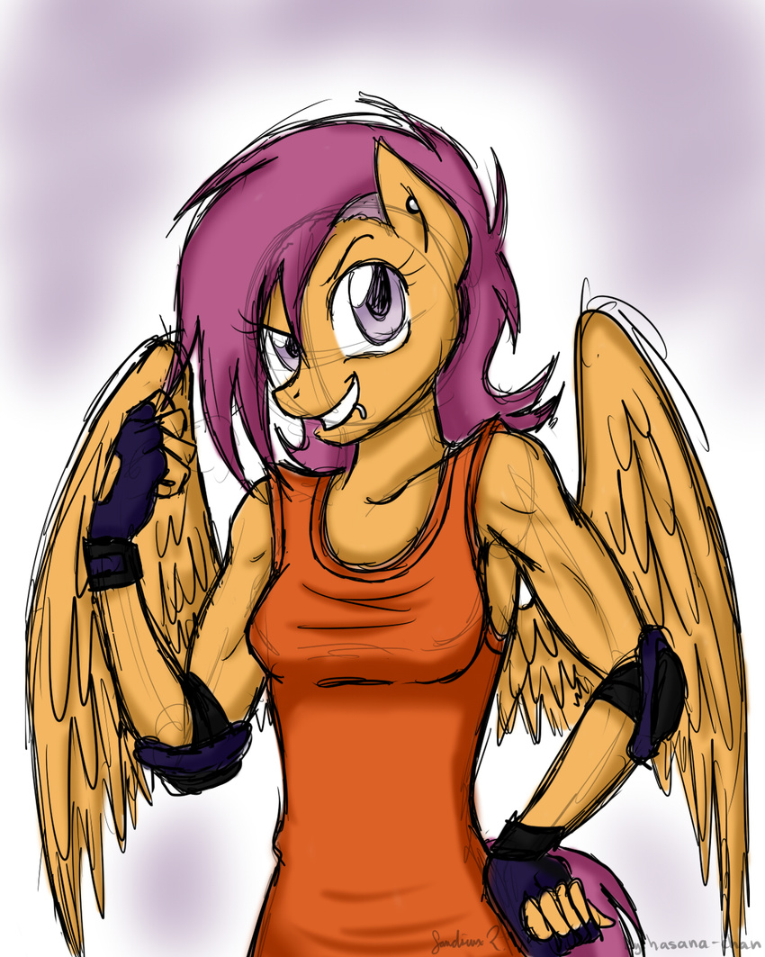 anthro anthrofied clothing elbow_pads equine female fingerless_gloves friendship_is_magic gloves hair hasana-chan horse mammal my_little_pony pegasus piercing pony purple_eyes purple_hair scootaloo_(mlp) shirt solo tank_top vest wings