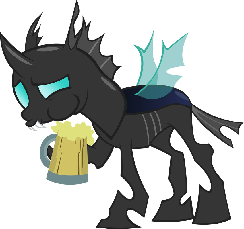 absurd_res alpha_channel ambiguous_gender black_body blue_eyes changeling cider cup fangs feral friendship_is_magic hi_res horn mug my_little_pony plain_background sofunnyguy solo transparent_background wings