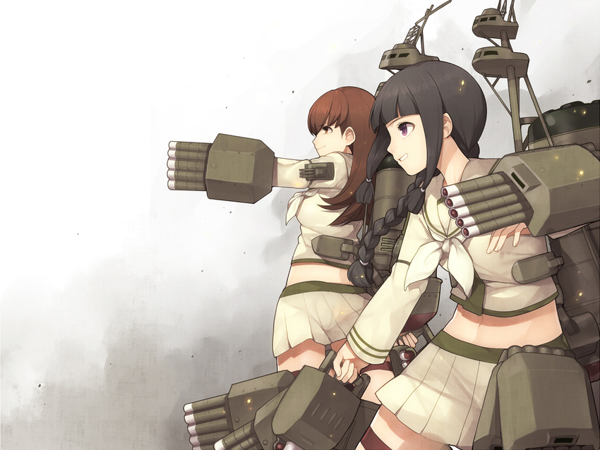 aiming bangs black_eyes black_hair blunt_bangs braid brown_eyes brown_hair highres hitoto kantai_collection kitakami_(kantai_collection) long_hair midriff multiple_girls ooi_(kantai_collection) outstretched_arm remodel_(kantai_collection) school_uniform skirt smile twin_braids