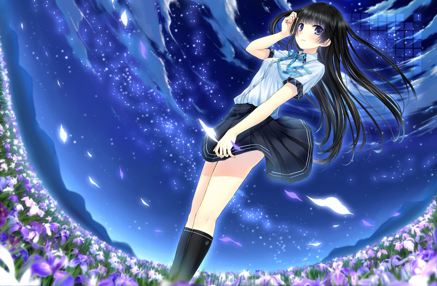 ayame_no_machi_to_ohime-sama black_hair blue_eyes blush dutch_angle field flower flower_field furukawa_ayame highres iris_(flower) kazuharu_kina long_hair looking_at_viewer official_art petals pleated_skirt school_uniform skirt sky solo wind