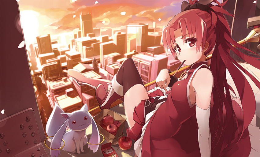 apple black_legwear boots bow cloud food fruit hair_bow kyubey legs long_hair looking_at_viewer looking_back mahou_shoujo_madoka_magica mouth_hold pemu pocky polearm ponytail red_eyes red_hair sakura_kyouko sitting skirt sky spear sunset thighhighs thighs weapon zettai_ryouiki