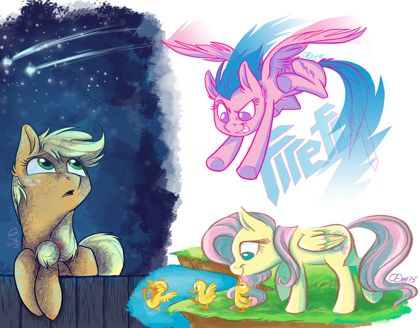 applejack_(mlp) avian blonde_hair blue_hair duck english_text equine female fence feral firefly_(mlp) fluttershy_(mlp) flying freckles friendship_is_magic graystripe64 green_eyes hair horse mammal my_little_pony night pegasus pink_hair pond pony purple_eyes shooting_star stars swimming text water wings