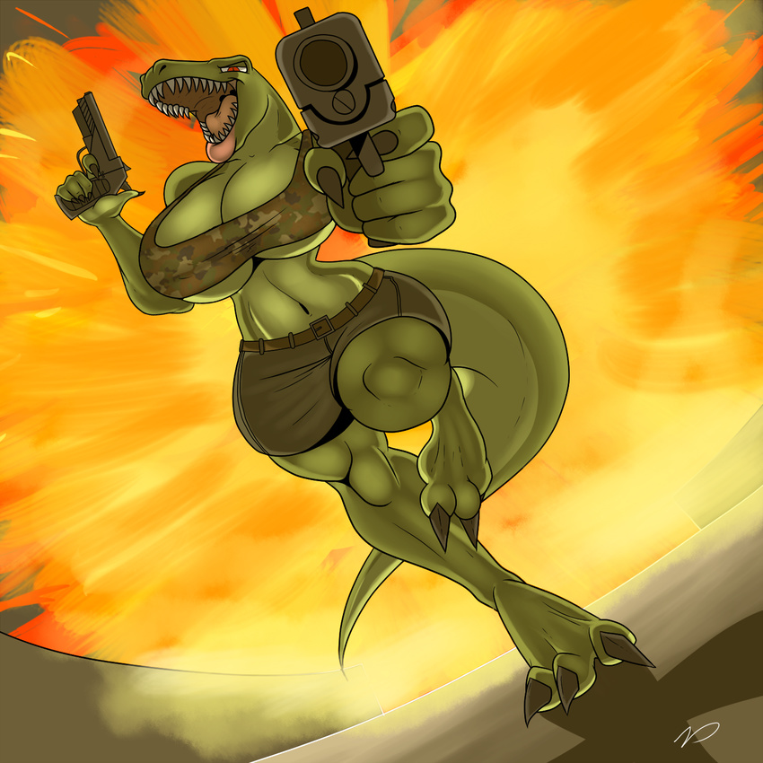 big_breasts breasts camo claws clothing dinosaur explosion female gun huge_breasts laugh open_mouth ranged_weapon red_eyes running scalie shorts theropod toe_claws toes tyrannosaurus_rex weapon zp92