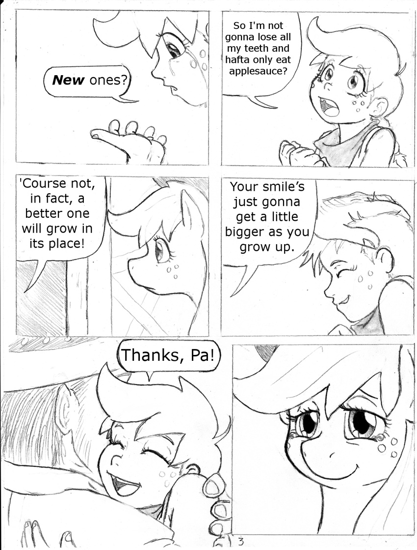 applejack_(mlp) black_and_white clothing comic cowboy_hat crying dialog dj-black-n-white duo english_text equine eyes eyes_closed female feral freckles friendship_is_magic hair hat horse hug human male mammal monochrome my_little_pony pony satyr sketch smile tears text