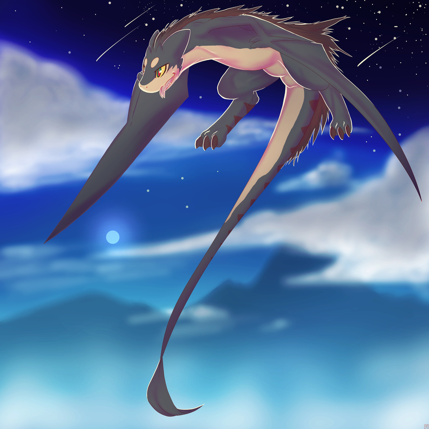 ambiguous_gender cloud dragon feral flying forked_tongue hi_res night rudragon scalie solo stars tongue wings wyvern