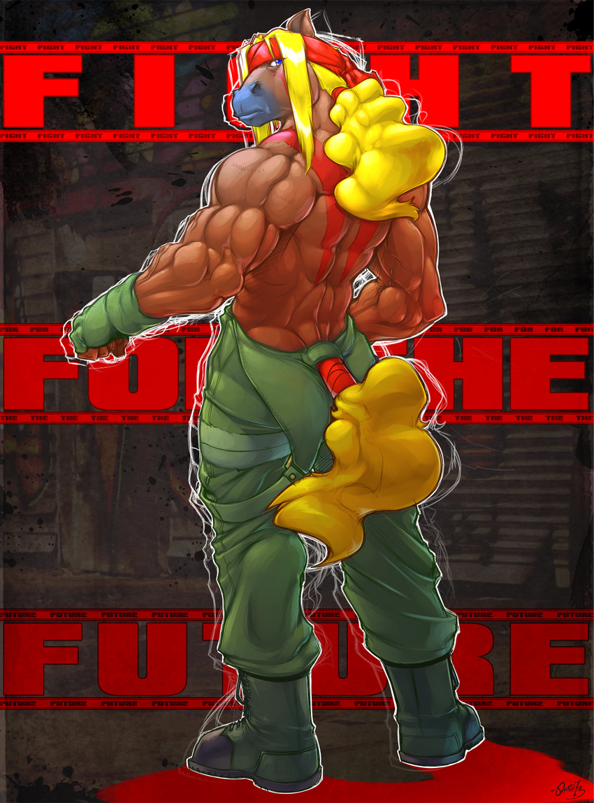 2013 abstract_background alex_(street_fighter) back back_turned biceps big_muscles blonde_hair blue_eyes boots brown_body brown_fur clothing equine facial_markings fighter fingerless_gloves fist footwear fur gloves hair hi_res horse long_hair looking_at_viewer looking_back male mammal markings muscles overalls pants presenting solo standing tail_clothing tied_tail toned topless vein
