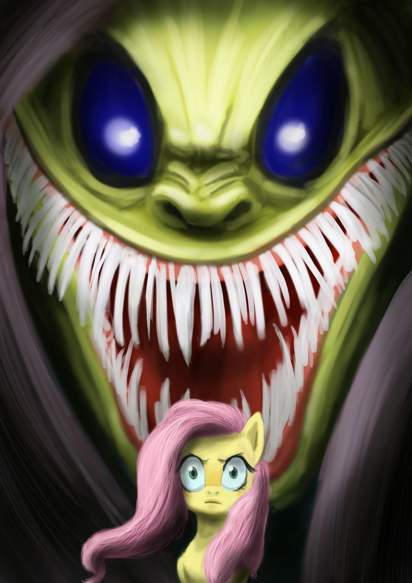 angry big_smile blue_eyes doublewbrothers equine evil_grin evil_look fangs female feral fluttershy_(mlp) friendship_is_magic fur green_eyes hair hi_res horse looking_at_viewer mammal my_little_pony nightmare_fuel pegasus pink_hair pony sharp_teeth smile solo stare teeth the_stare wings yellow_fur