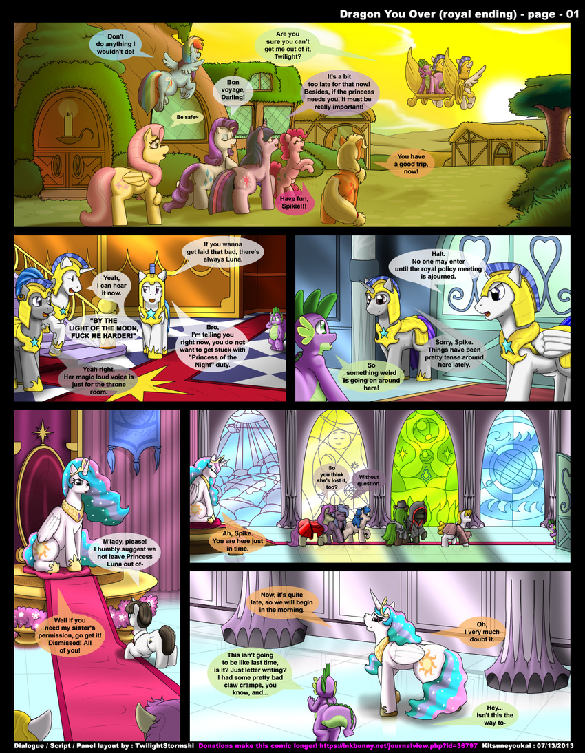 applejack_(mlp) armor blue_fur clothing comic crown cutie_mark dialog dragon english_text equine female feral fluttershy_(mlp) friendship_is_magic fur hair horn horse kitsune_youkai male mammal multi-colored_hair my_little_pony pegasus pink_fur pink_hair pinkie_pie_(mlp) pony princess_celestia_(mlp) purple_eyes purple_fur rainbow_dash_(mlp) rainbow_hair rarity_(mlp) royal_guard_(mlp) spike_(mlp) text twilight_sparkle_(mlp) unicorn white_fur winged_unicorn wings