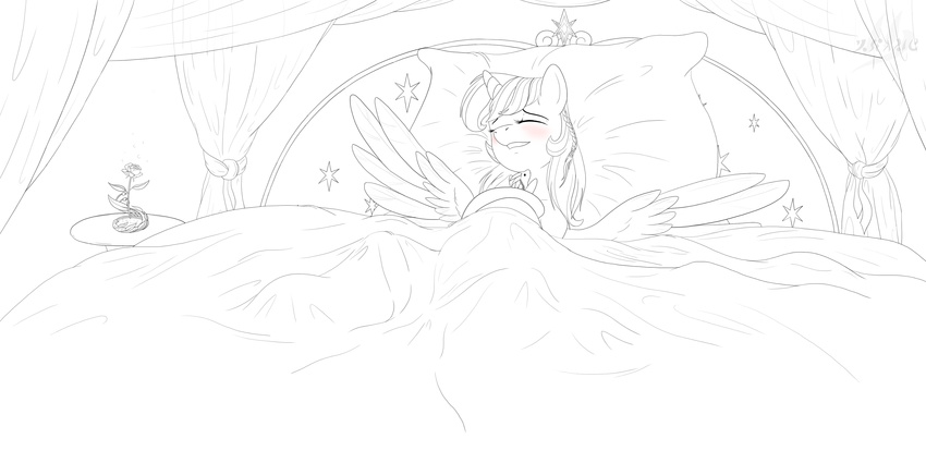 absurd_res bed blush doll drake_drachenlicht equine female feral flower friendship_is_magic hi_res horn horse line_art mammal monochrome my_little_pony pillow pony smile striped_hair twilight_sparkle_(mlp) unicorn winged_unicorn wings