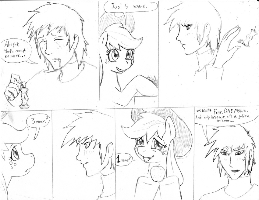 apple applejack_(mlp) black_and_white comic cowboy_hat dialog dj-black-n-white duo english_text equine eyes female feral freckles friendship_is_magic fruit hair hat horse human male mammal monochrome my_little_pony pony saliva sketch text