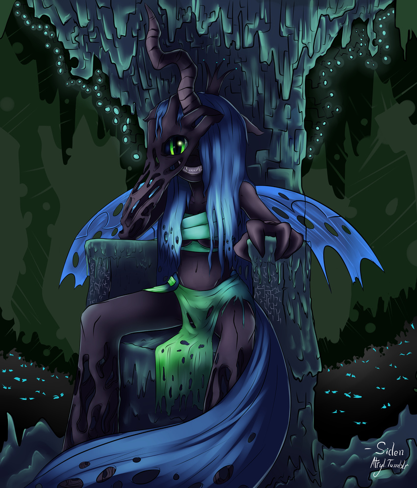 anthro anthrofied black_body blue_hair cave changeling clothed clothing female friendship_is_magic green_eyes hair horn insane my_little_pony queen_chrysalis_(mlp) siden skimpy smile solo wings