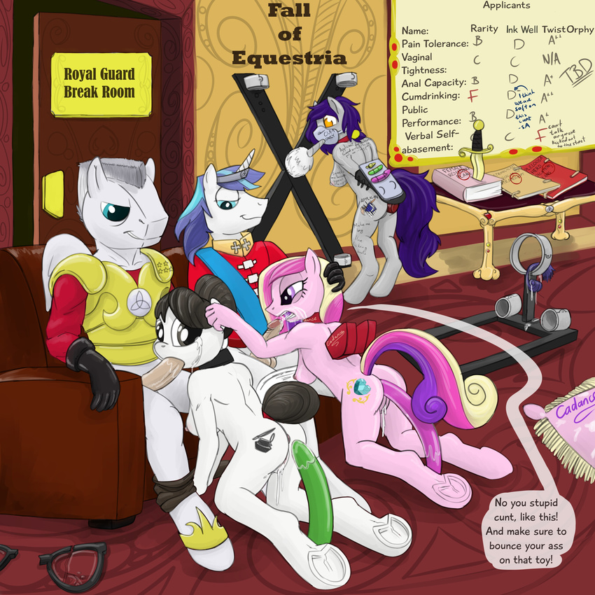 absurd_res anal anthro anthrofied anus black_hair blue_eyes blue_hair body_writing book breasts brown_hair clothing collar cum cutie_mark dildo english_text equine fall_of_equestria fellatio female forced friendship_is_magic fur grey_fur group hair hi_res horn horse ink_well_(mlp) insertion inside kneeling male mammal multi-colored_hair my_little_pony oral oral_sex pegasus penetration penis pony princess_cadance_(mlp) purple_eyes pussy saint_andrew's_cross saint_andrew's_cross sex sex_toy shining_armor_(mlp) side_boob sitting smile smudge_proof straight tears text unicorn vaginal vaginal_insertion vaginal_penetration white_fur wings