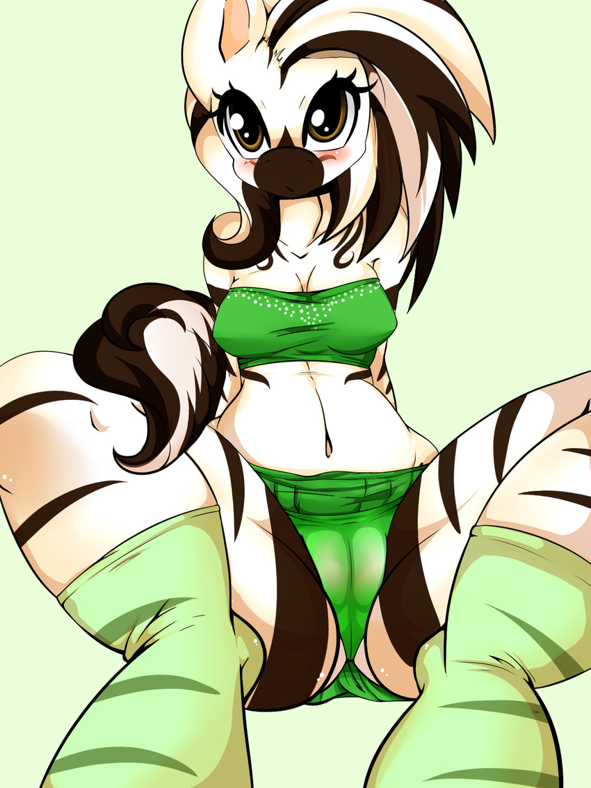 anthro blush brown_eyes camel_toe clothing equine female looking_at_viewer mammal navel rainbowscreen shansai sitting skirt socks solo stripes zebra