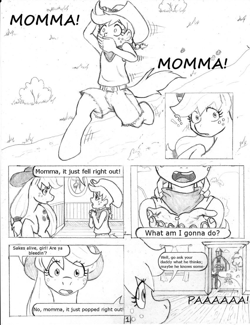 applejack_(mlp) black_and_white clothing comic cowboy_hat cutie_mark dialog dj-black-n-white duo english_text equine eyes female feral freckles friendship_is_magic hair hat horse hybrid mammal monochrome my_little_pony pony running satyr sketch standing text