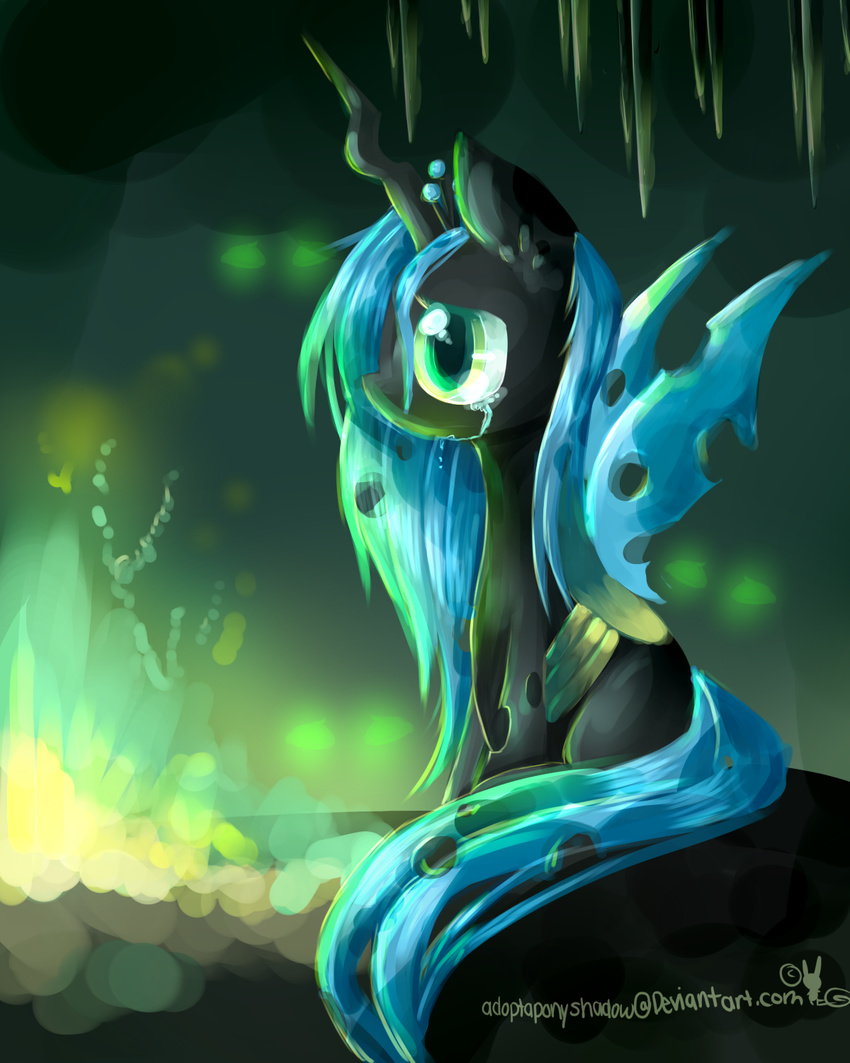 adoptaponyshadow aquagalaxy black_body changeling crying cub depressing female feral friendship_is_magic green_eyes green_hair hair horn my_little_pony queen_chrysalis_(mlp) sad solo tears wings young