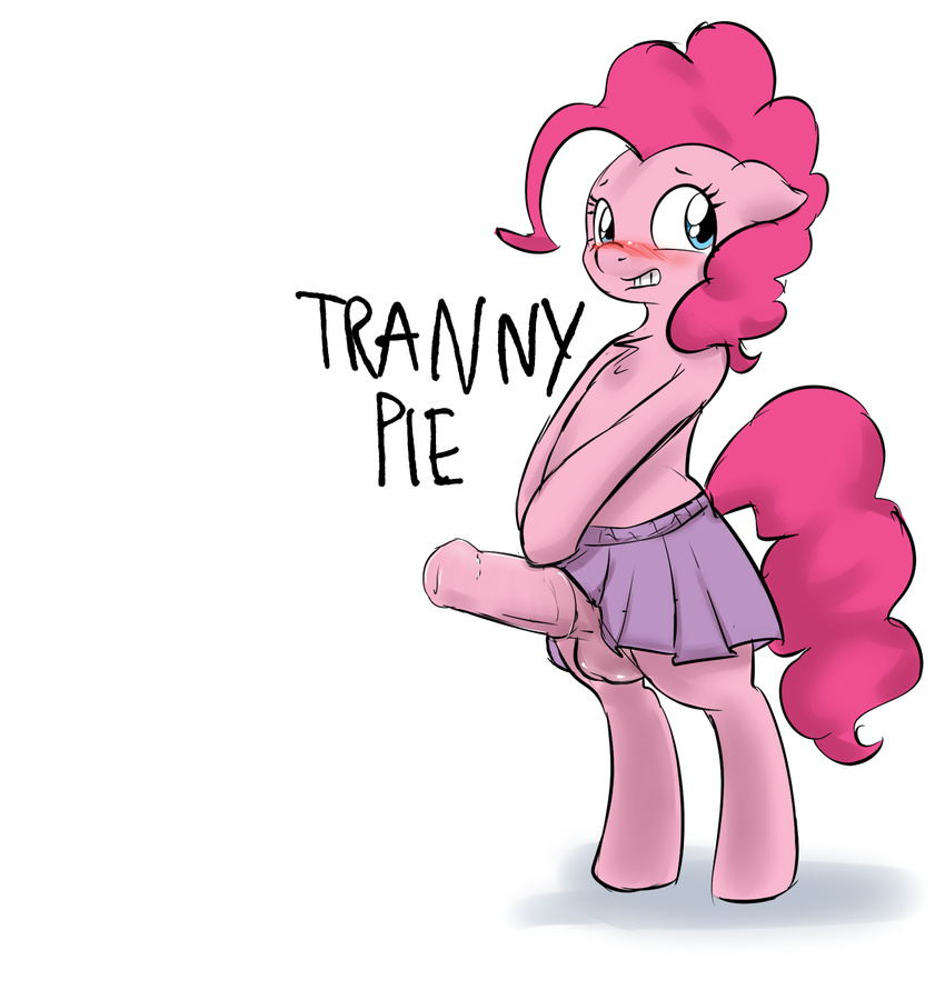 balls bipedal blue_eyes blush clopper-dude dickgirl equine friendship_is_magic hair horse intersex mammal my_little_pony penis pink_hair pinkie_pie_(mlp) plain_background pony skirt solo white_background