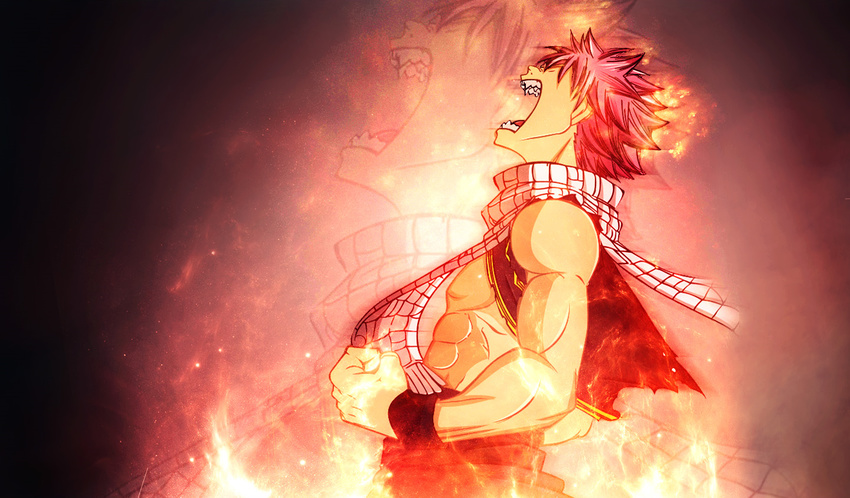 fairy_tail fang fire male natsu_dragneel pink_hair red scarf