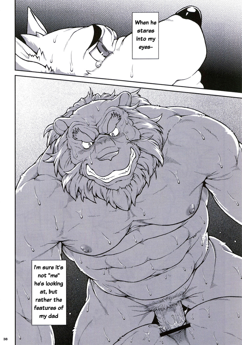 anal anal_penetration anthro biceps big_muscles blush canine comic feline first_person_view fur gay grin him_and_teacher jin_(artist) lion male mammal monochrome muscles nipples penetration penis receiving_pov sex sweat tears unknown_artist wolf