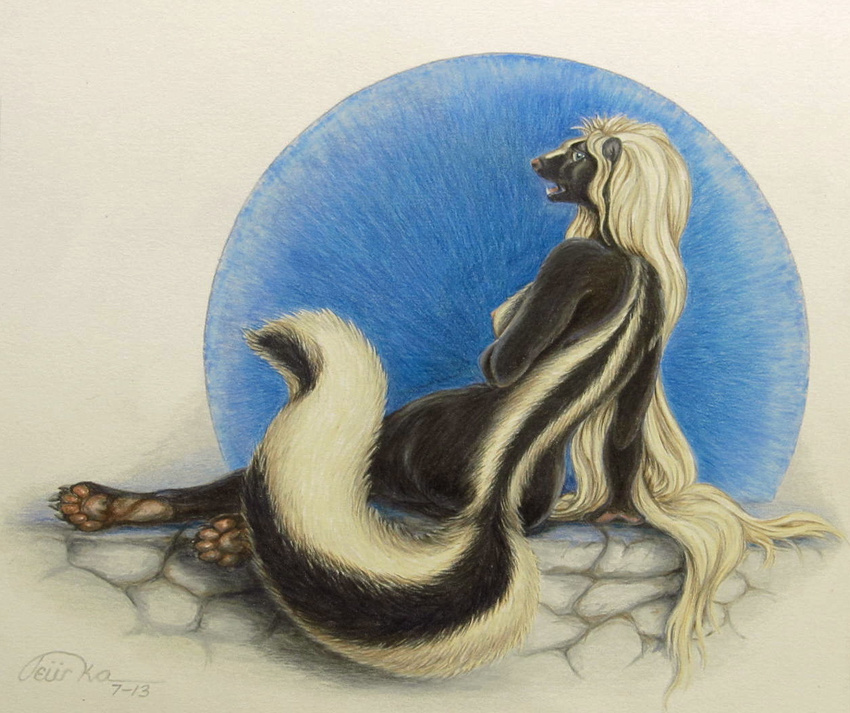 5_toes anthro arm_support back barefoot black_fur breasts claws female fur hindpaw looking_back mammal multicolor_fur nipples nude paws pinup pose scan seductive side_boob skunk solo teiirka toes traditional_media two_tone_fur white_fur