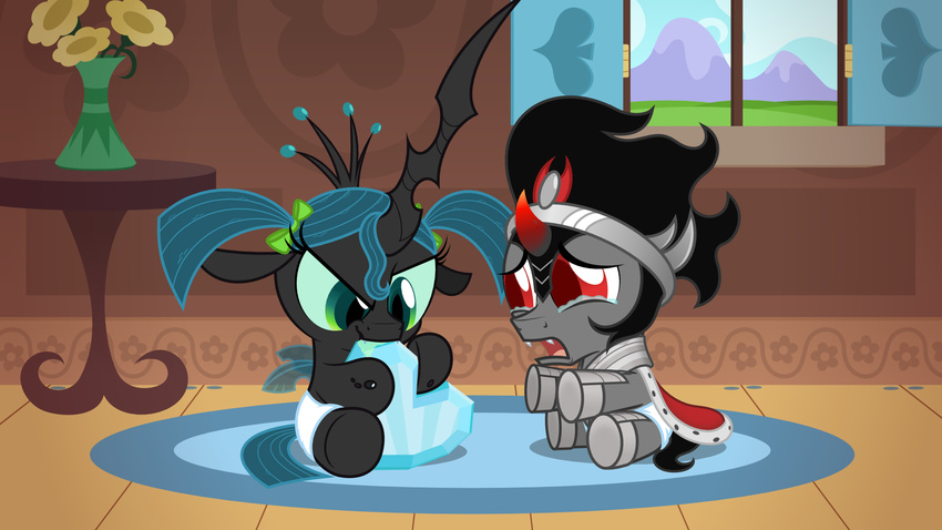 armor bite black_hair bow cape cat_eyes changeling crown crystal duo equine fangs female feral flower friendship_is_magic green_eyes green_hair hair holes horn horse king_sombra_(mlp) male mammal my_little_pony pigtails pony queen_chrysalis_(mlp) red_eyes slit_pupils tears unicorn upset vase window wings zutheskunk